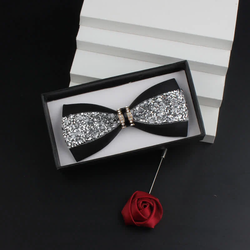 2Pcs Men's Shiny Rhinestone Bling Red Corsage Bow Tie Set - Image 3