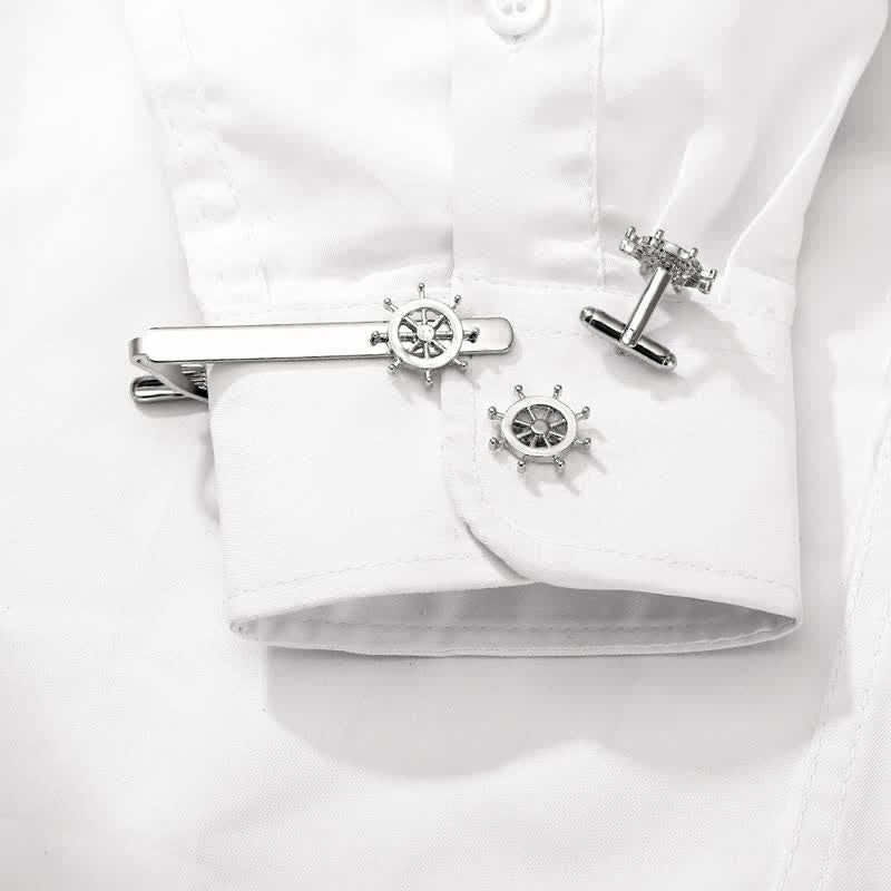 2Pcs Men's Silver Seaman Boat Anchor Tie Clip Cufflinks Set - Image 2