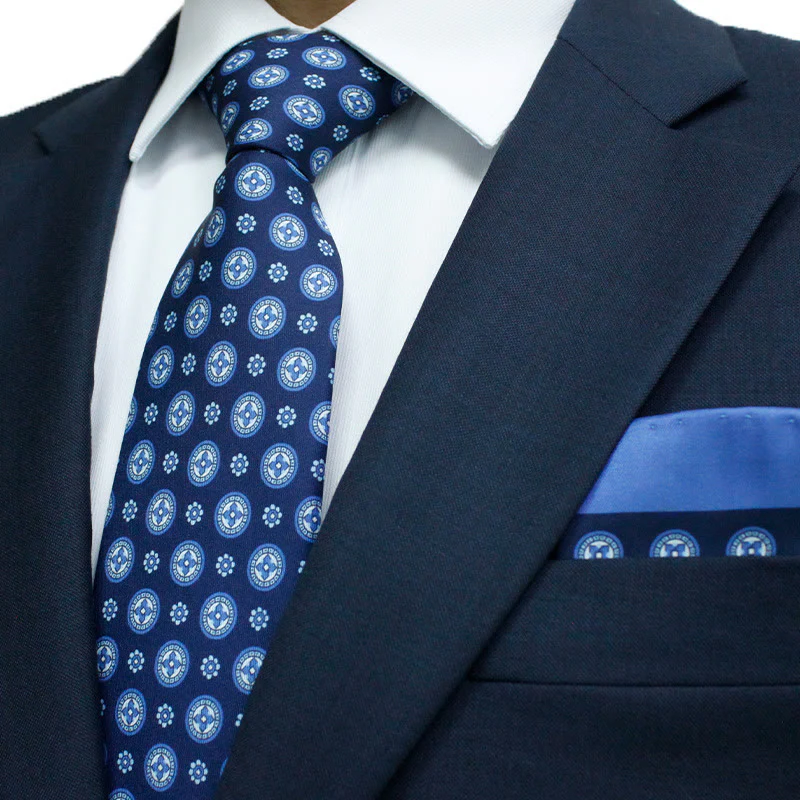 2Pcs Navy Blue Retro Round Printed Pocket Square Necktie