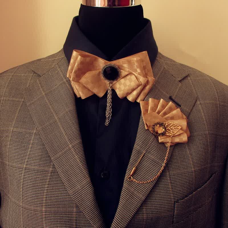 2Pcs Ribbon Checked Pattern Pin Bow Tie Set