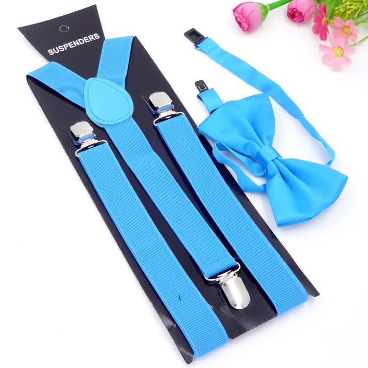 2Pcs Solid Color Bow Tie 3-Clips Adjustable Suspenders Set - Image 11