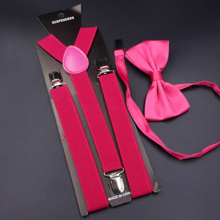 2Pcs Solid Color Bow Tie 3-Clips Adjustable Suspenders Set - Image 12