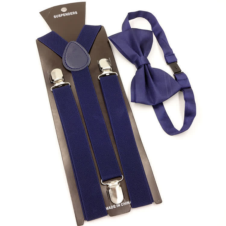 2Pcs Solid Color Bow Tie 3-Clips Adjustable Suspenders Set - Image 15