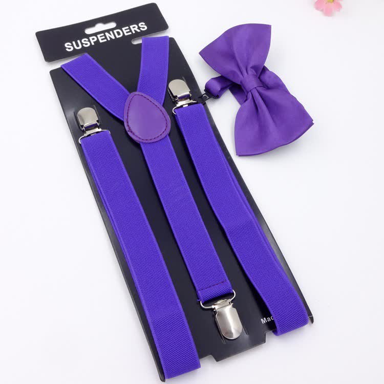2Pcs Solid Color Bow Tie 3-Clips Adjustable Suspenders Set - Image 5