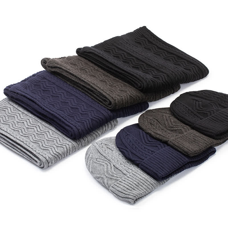 2Pcs Unisex Jacquard Solid Color Knitted Hat Scarf Gloves Set - Image 2