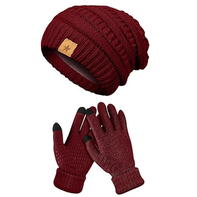 2Pcs Unisex Simple Solid Color Knitted Hat Scarf Gloves Set - Image 4