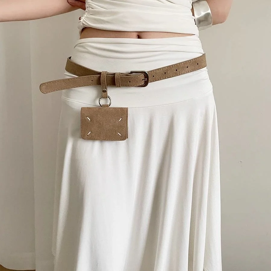 2Pcs Women's Minimalist Suede Beige Belt With Belt Bag - Image 2