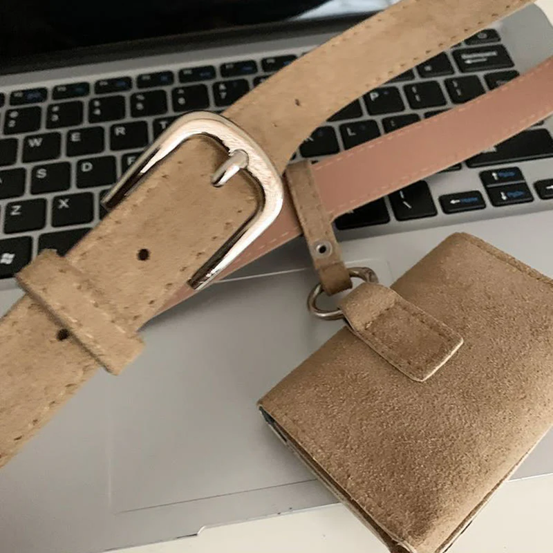 2Pcs Women's Minimalist Suede Beige Belt With Belt Bag - Image 4