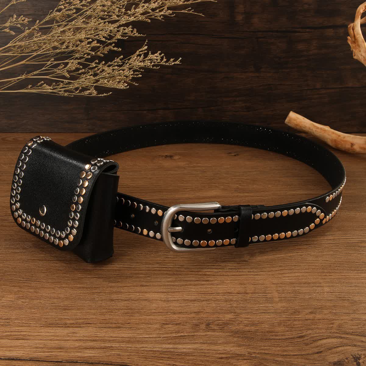 2Pcs Women's Punk Rivet Black Leather Belt With Belt Bag - Image 2