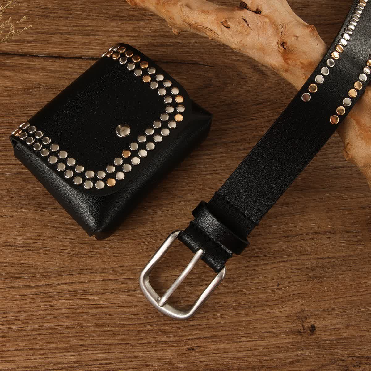 2Pcs Women's Punk Rivet Black Leather Belt With Belt Bag - Image 3