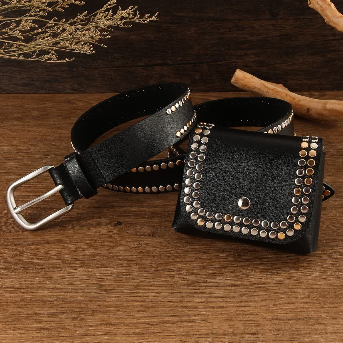 2Pcs Women's Punk Rivet Black Leather Belt With Belt Bag - Image 4