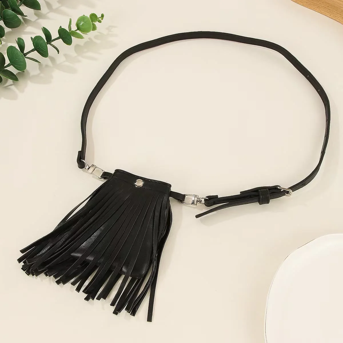 2Pcs Women's Stylish Black Leather Fringe Accent Belt - Image 2