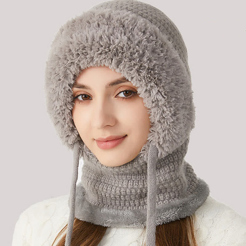 3 In 1 Plush Knitted Beanie Hat With Scarf And Mask - Image 3