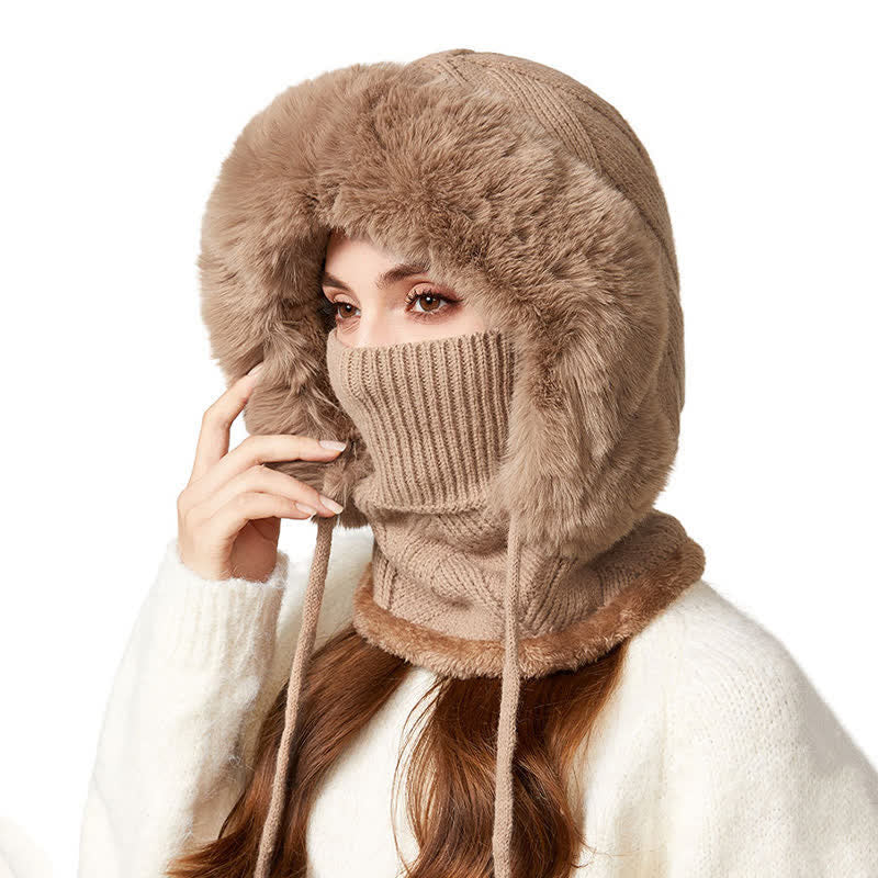 3 In 1 Plush Twill Weave Knitted Beanie Hat With Scarf And Mask