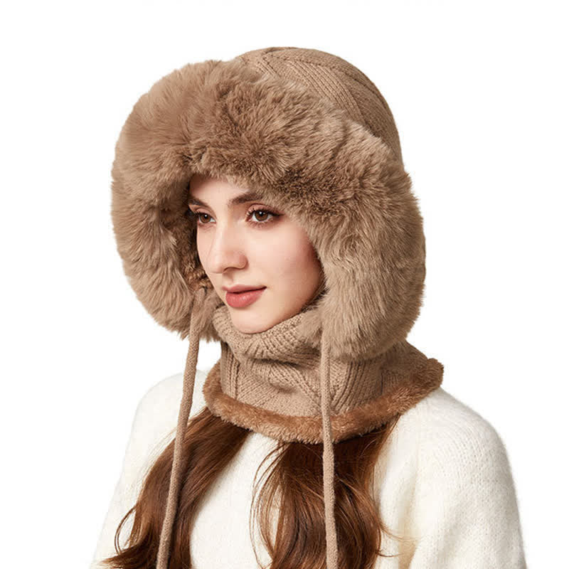 3 In 1 Plush Twill Weave Knitted Beanie Hat With Scarf And Mask - Image 3