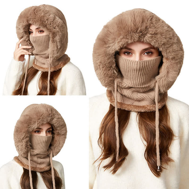 3 In 1 Plush Twill Weave Knitted Beanie Hat With Scarf And Mask - Image 4