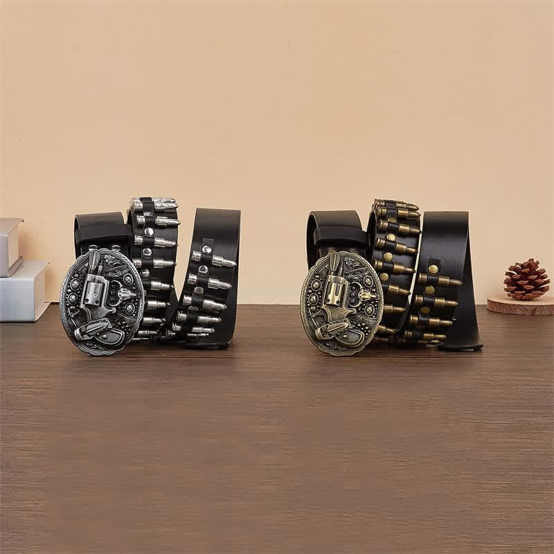 3d Gun Printed Pattern Buckle Bullets Rivets Leather Belt - Image 3