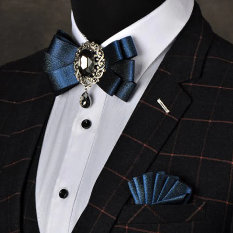 3Pcs Black Rhinestone Solid Colored Bow Tie Set - Image 10