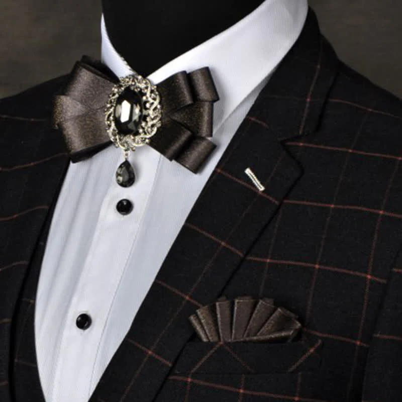 3Pcs Black Rhinestone Solid Colored Bow Tie Set - Image 12