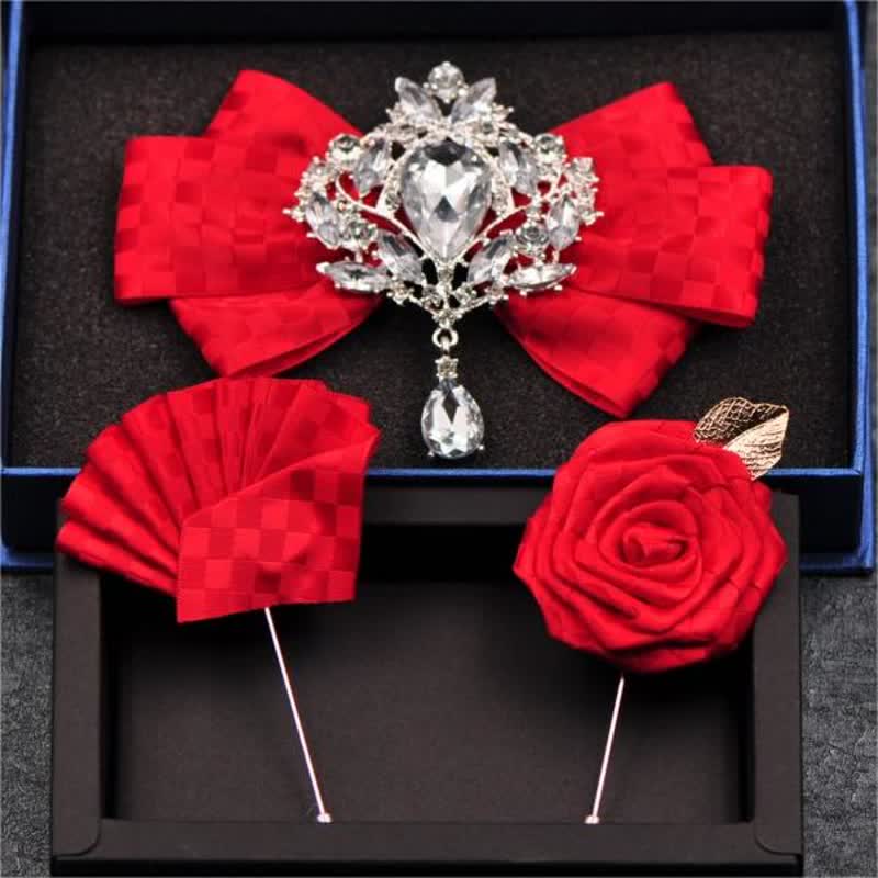 3Pcs Checker Rhinestone Brooch Bow Tie Set - Image 10