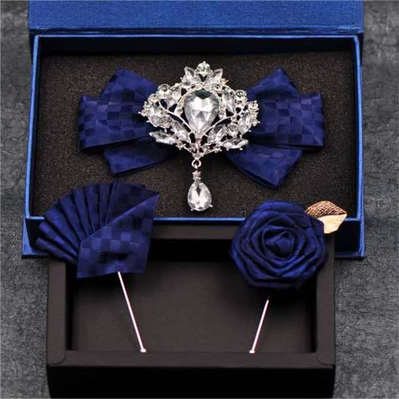 3Pcs Checker Rhinestone Brooch Bow Tie Set - Image 2