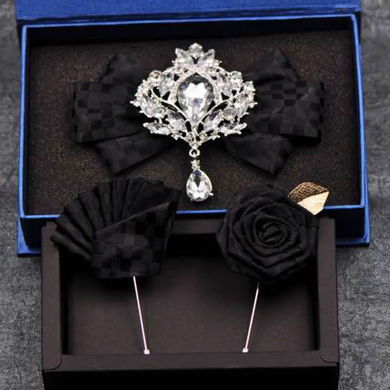 3Pcs Checker Rhinestone Brooch Bow Tie Set - Image 6