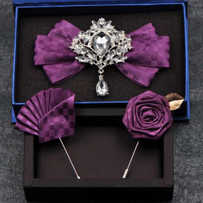 3Pcs Checker Rhinestone Brooch Bow Tie Set - Image 8