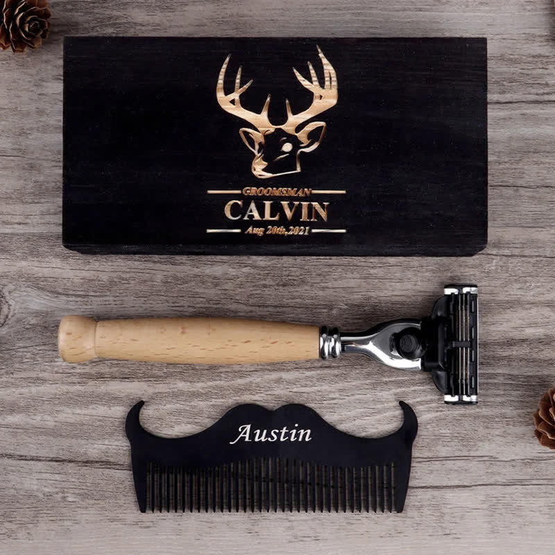 3Pcs Custom Name Groomsmen Souvenirs Razor Set with Wooden Box