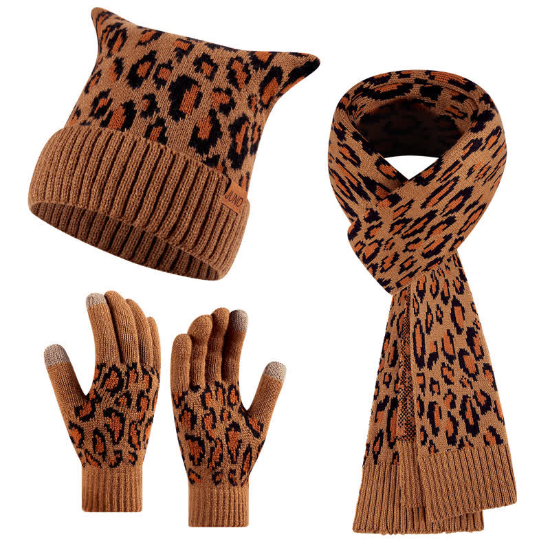 3Pcs Leopard Print Cute Cat Ear Hat Scarf Gloves Set