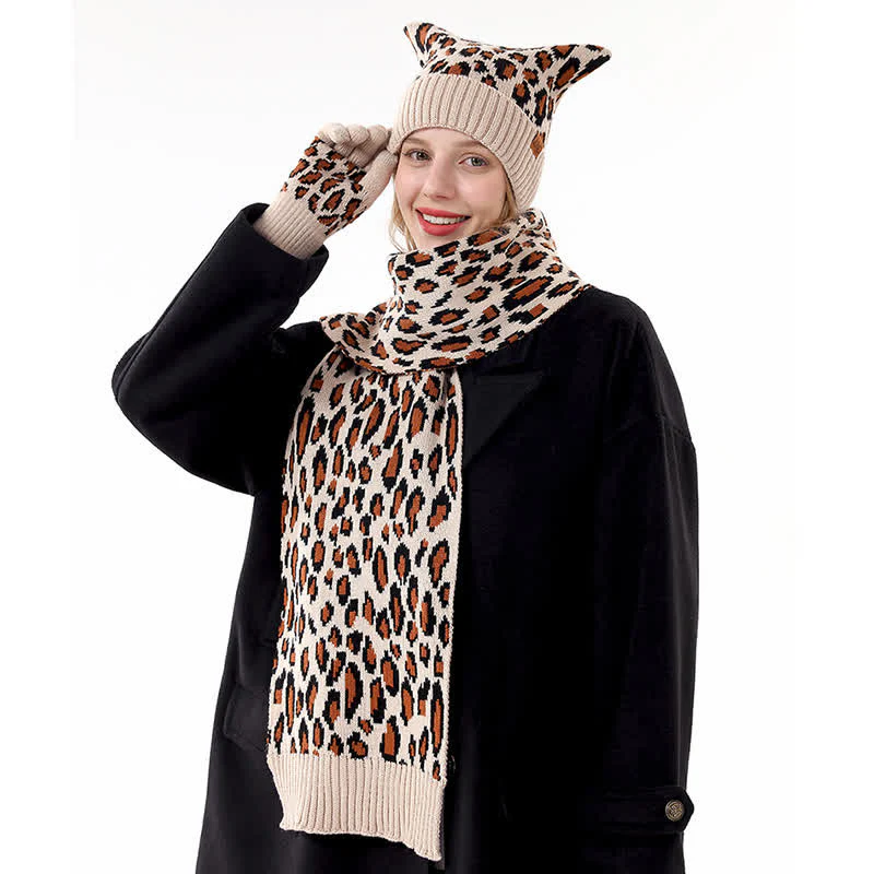 3Pcs Leopard Print Cute Cat Ear Hat Scarf Gloves Set - Image 10
