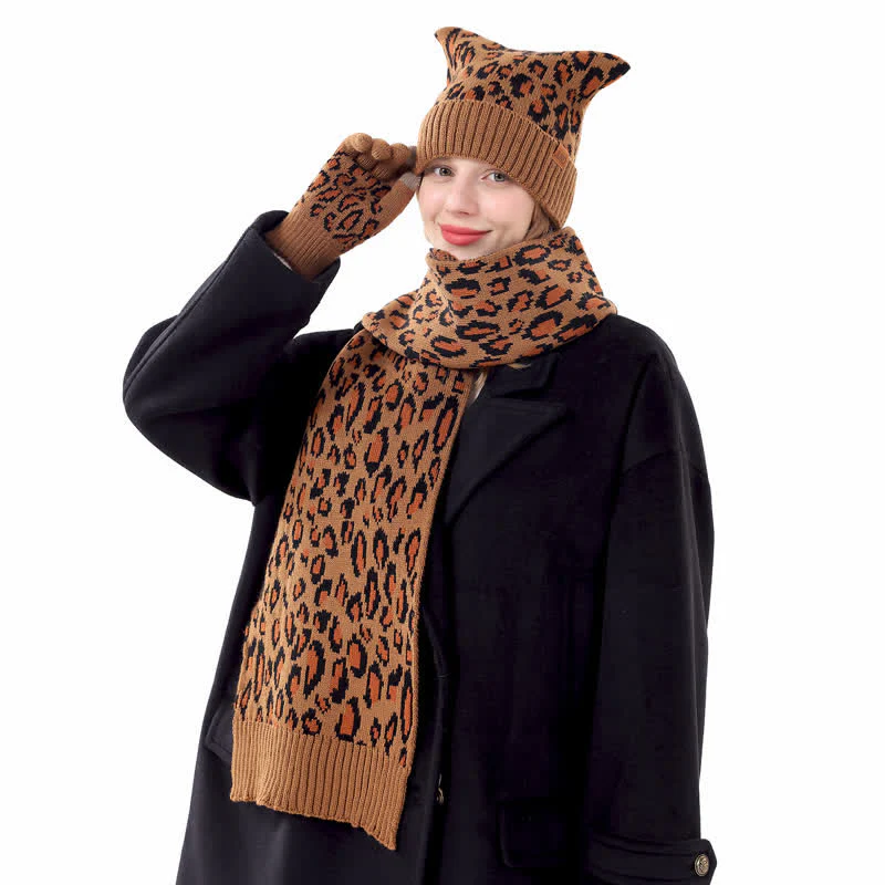 3Pcs Leopard Print Cute Cat Ear Hat Scarf Gloves Set - Image 3