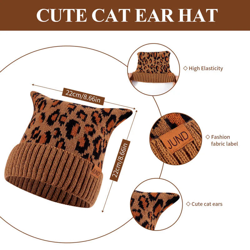 3Pcs Leopard Print Cute Cat Ear Hat Scarf Gloves Set - Image 4