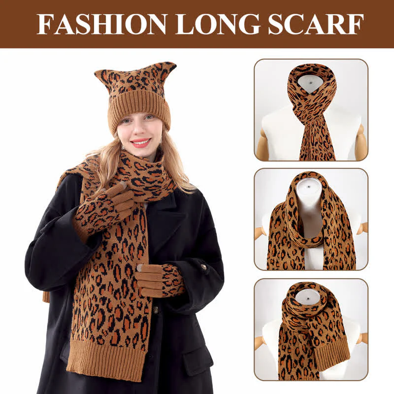 3Pcs Leopard Print Cute Cat Ear Hat Scarf Gloves Set - Image 5