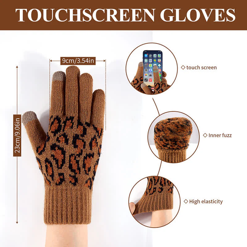 3Pcs Leopard Print Cute Cat Ear Hat Scarf Gloves Set - Image 6