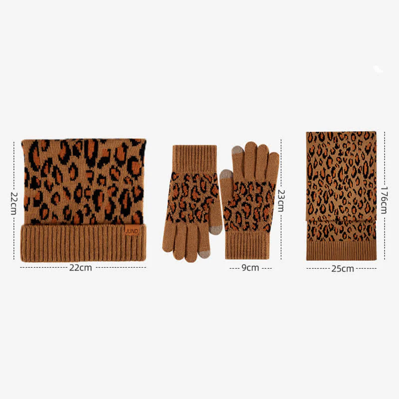 3Pcs Leopard Print Cute Cat Ear Hat Scarf Gloves Set - Image 8