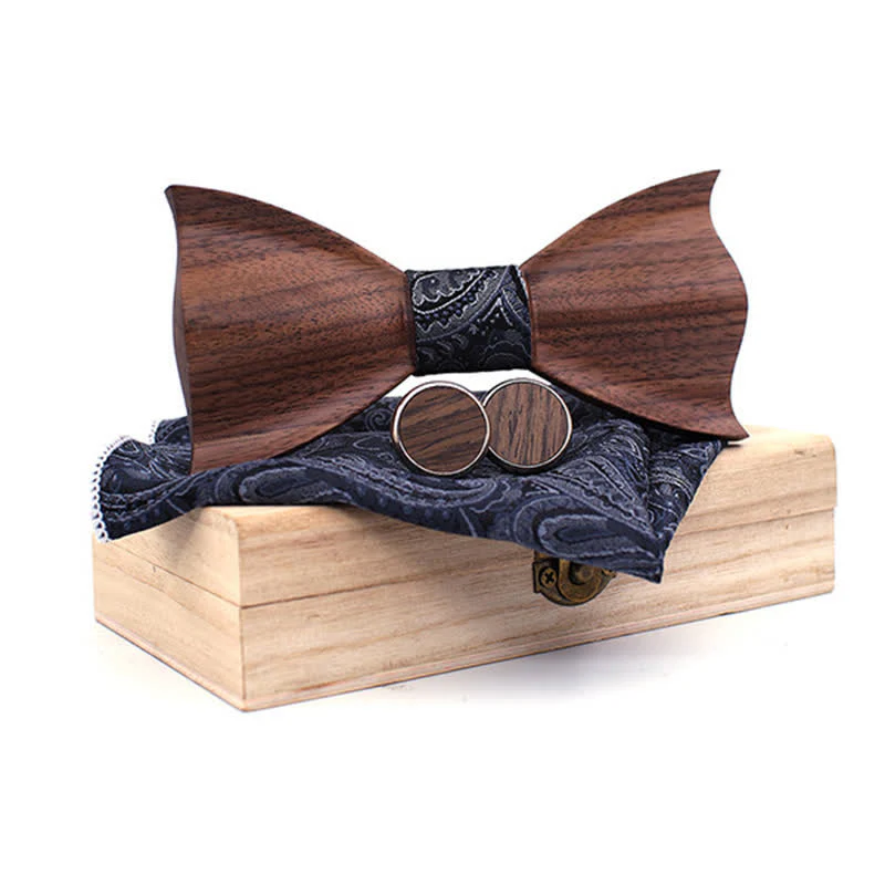 3Pcs Men's 3D Black Walnut Wooden Bow Tie Set - Image 10