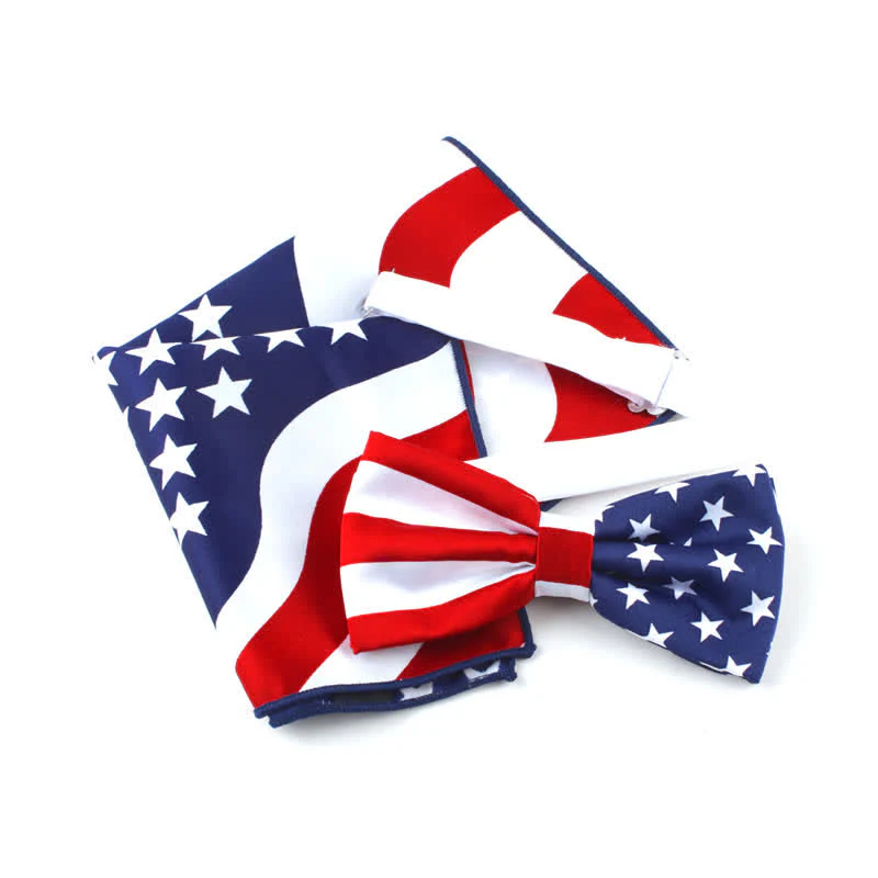 3Pcs Men's American Flag Printed Bow Tie Hankerchief Necktie Set - Image 2