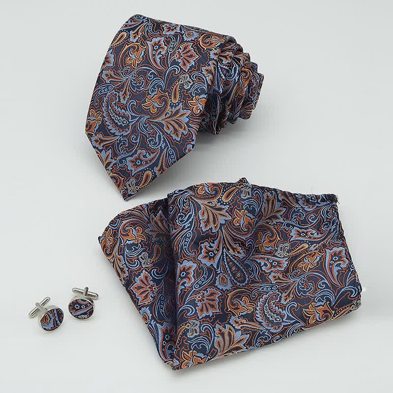 3Pcs Men's Beautiful Blue & Orange Paisley Necktie Set - Image 2