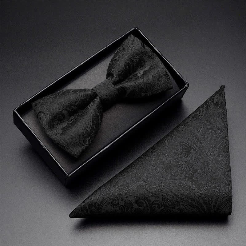 3Pcs Men's Black Paisley Pocket Corsage Bow Tie Set - Image 3