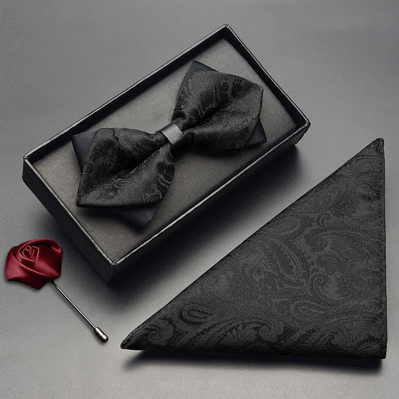 3Pcs Men's Black Paisley Pocket Corsage Bow Tie Set - Image 5
