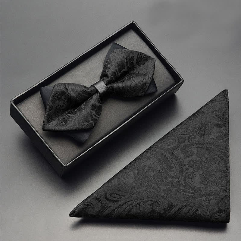 3Pcs Men's Black Paisley Pocket Corsage Bow Tie Set - Image 6
