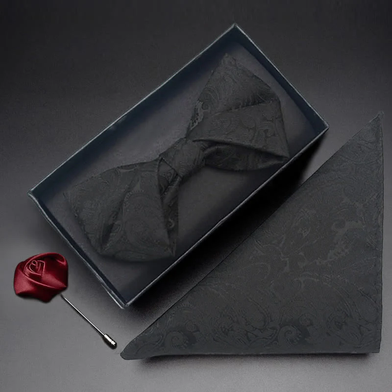 3Pcs Men's Black Paisley Pocket Corsage Bow Tie Set - Image 8