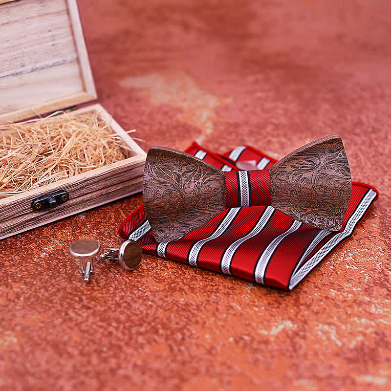3Pcs Men's Black Walnut Paisley Wooden Bow Tie Set - Image 3