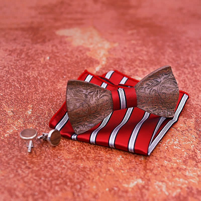 3Pcs Men's Black Walnut Paisley Wooden Bow Tie Set - Image 4