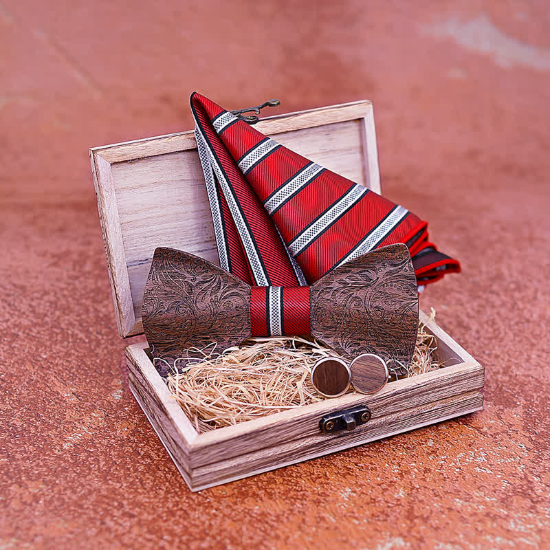 3Pcs Men's Black Walnut Paisley Wooden Bow Tie Set - Image 5