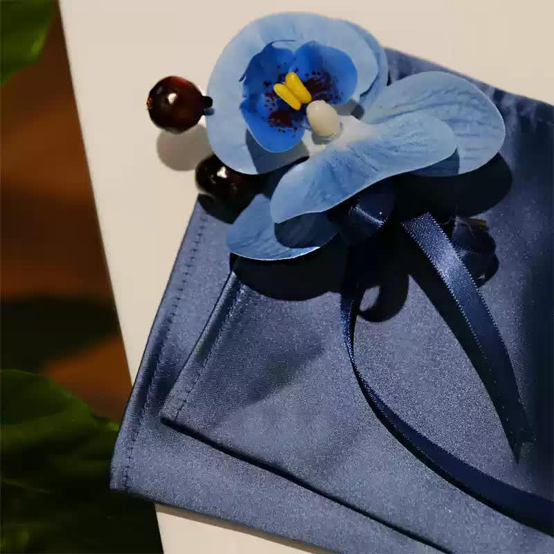 3Pcs Men's Blue Phalaenopsis Brooch Handkerchief Fishtail Bow Tie Set - Image 8