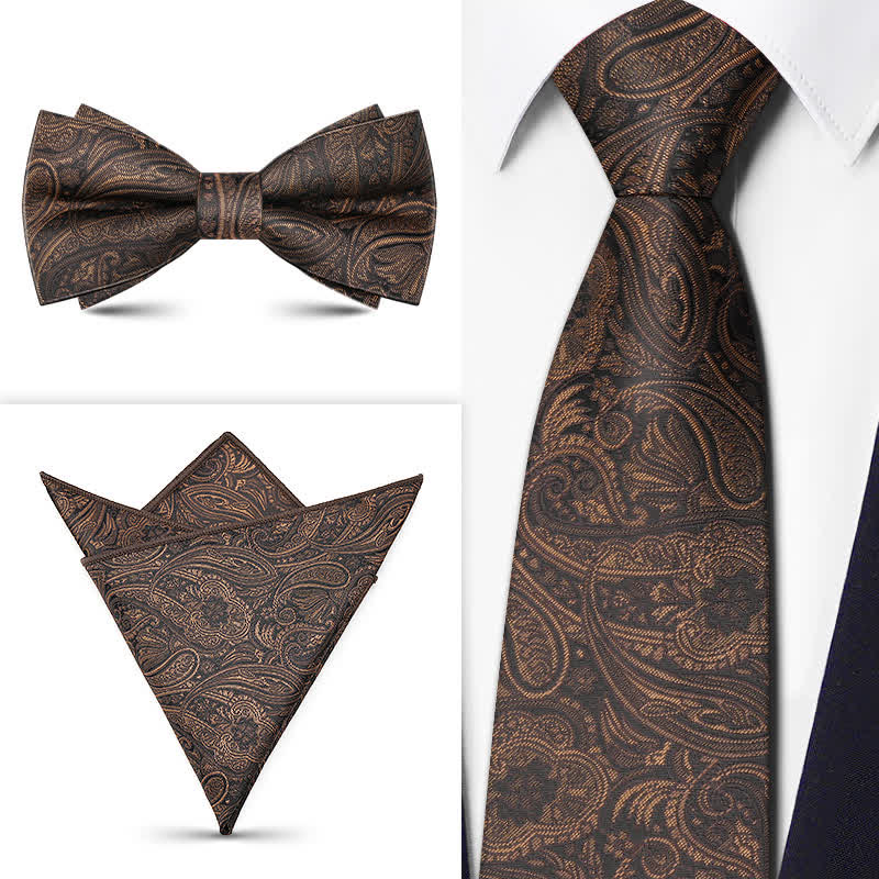 3Pcs Men's Brown Series Paisley BowTie Necktie Set - Image 6