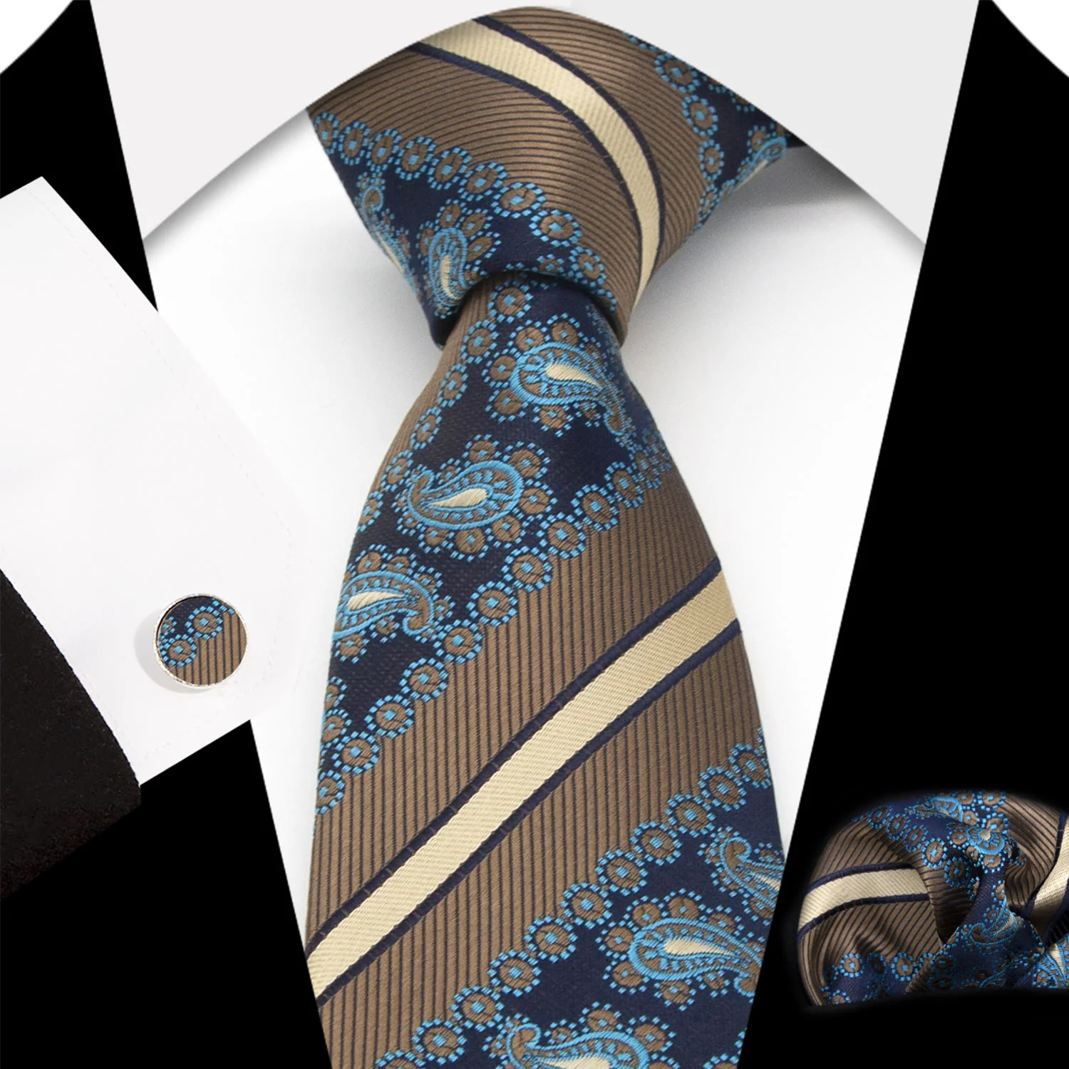 3Pcs Men's Brown Stripes & Navy Paisley Necktie Set