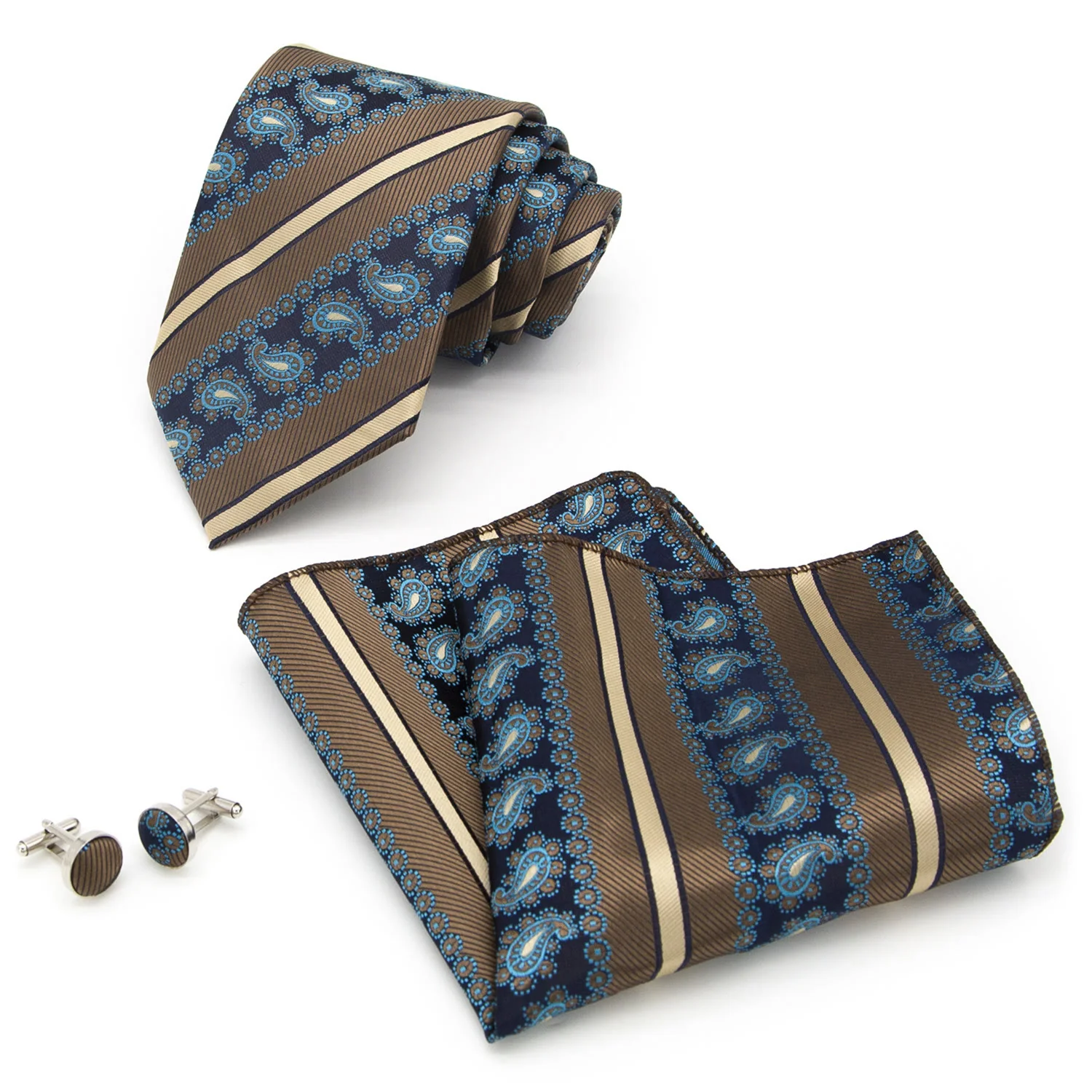 3Pcs Men's Brown Stripes & Navy Paisley Necktie Set - Image 2