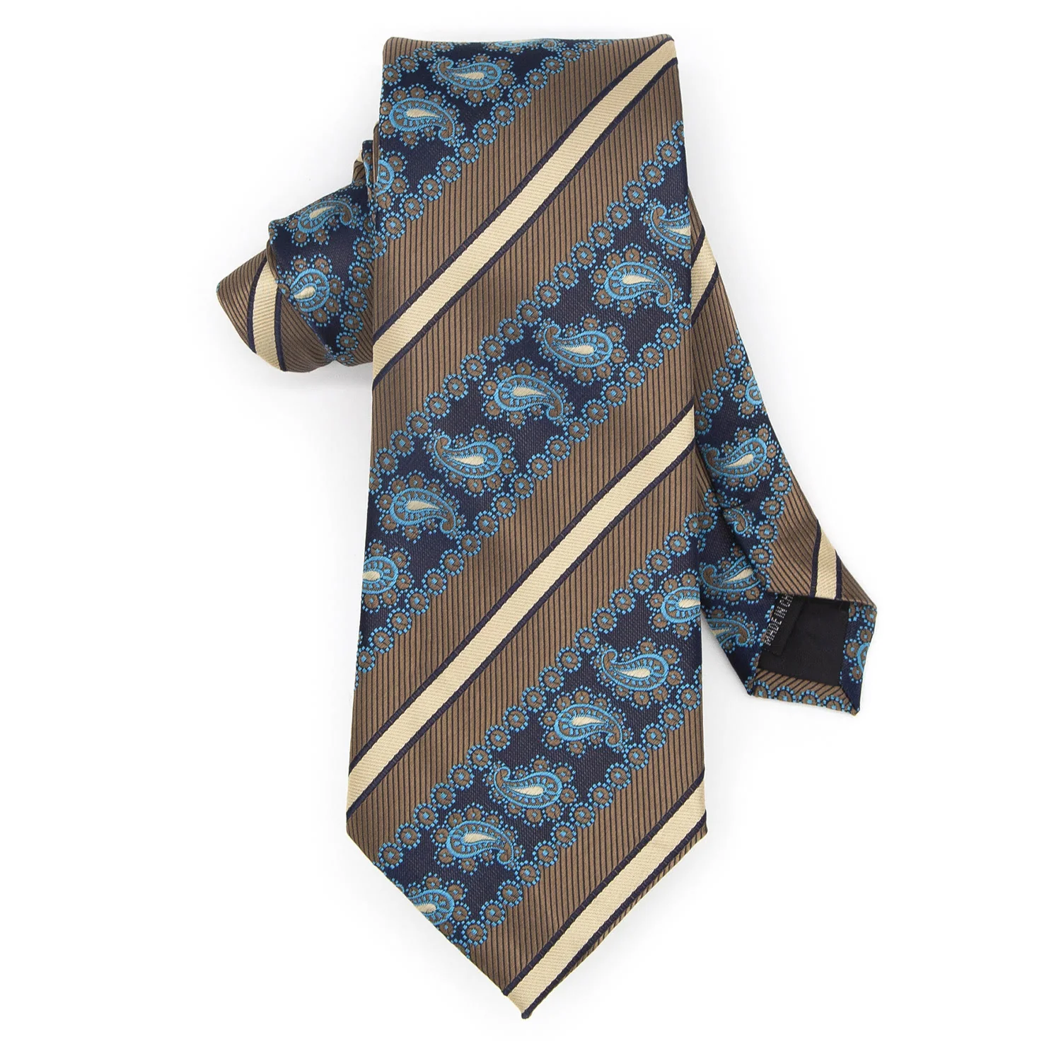3Pcs Men's Brown Stripes & Navy Paisley Necktie Set - Image 4